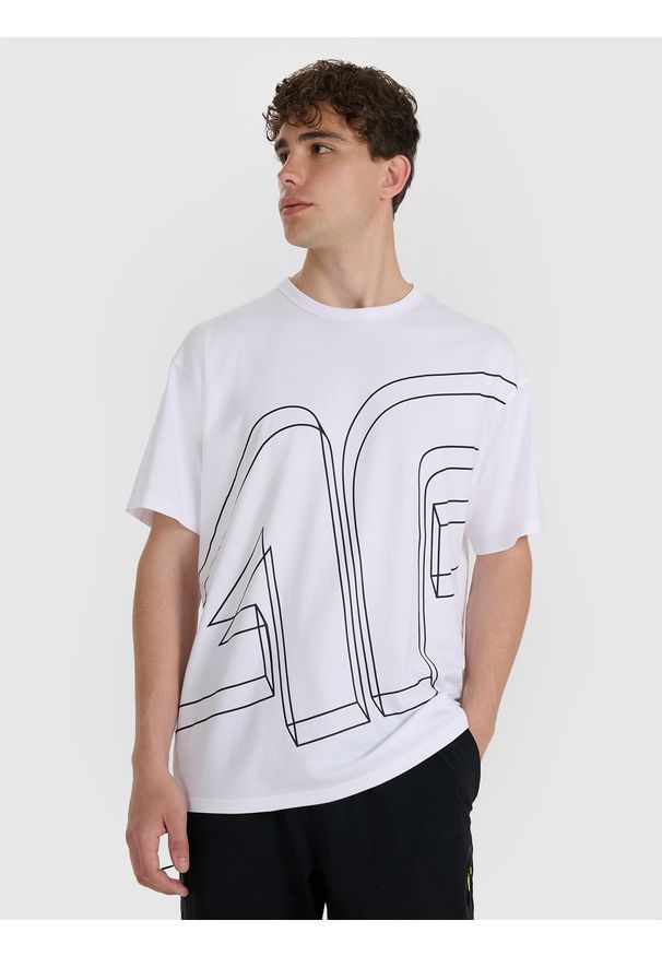 4f - 4F T-shirt oversize z nadrukiem męski - biały XS. Okazja: na co dzień. Kolor: biały. Materiał: bawełna. Wzór: nadruk. Styl: casual