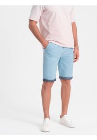 Ombre Clothing - Męskie szorty chinosy z kontrastowym podwinięciem – błękitne V3 W421 - XXL. Okazja: do pracy, na imprezę, na co dzień. Kolor: niebieski. Materiał: bawełna, tkanina, elastan. Długość: krótkie. Wzór: kolorowy. Sezon: lato. Styl: wakacyjny, casual