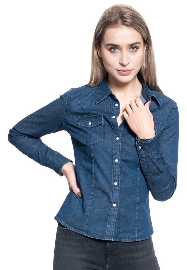 Lee - DAMSKA KOSZULA JEANSOWA LEE SLIM WESTERN SHIRT WASHED BLUE L45RFWLR 112110410. Materiał: jeans