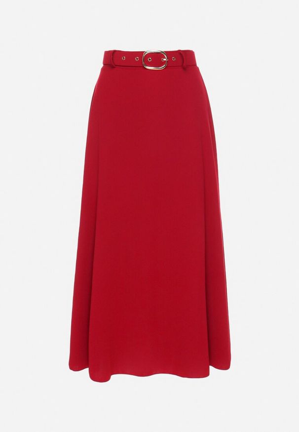 Born2be - Bordowa Rozkloszowana Spódnica z Wysokim Stanem Ozdobiona Paskiem z Klamrą Lobir. Okazja: na co dzień. Stan: podwyższony. Kolor: czerwony. Materiał: jedwab. Wzór: aplikacja. Styl: elegancki, casual