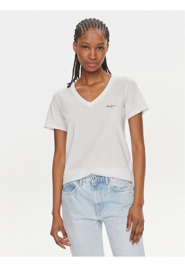Pepe Jeans T-Shirt Lorette V Neck PL505826 Biały Regular Fit. Kolor: biały. Materiał: bawełna