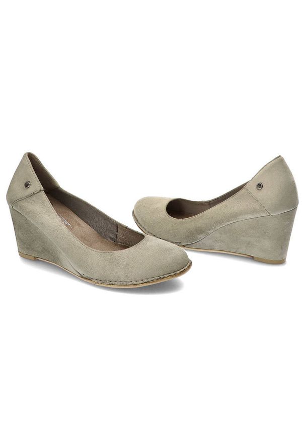 Szare Czółenka Lemar Eleganckie Skórzane Buty. Zapięcie: bez zapięcia. Kolor: szary. Materiał: skóra. Szerokość cholewki: normalna. Wzór: motyw zwierzęcy, nadruk. Obcas: na koturnie. Styl: elegancki. Wysokość obcasa: średni