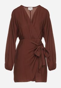 Born2be - Brązowa Wiskozowa Sukienka Kopertowa z Wiązaniem i Bufiastymi Rękawami Onevia. Okazja: na co dzień. Kolor: brązowy. Materiał: wiskoza. Typ sukienki: kopertowe. Styl: casual, klasyczny #3