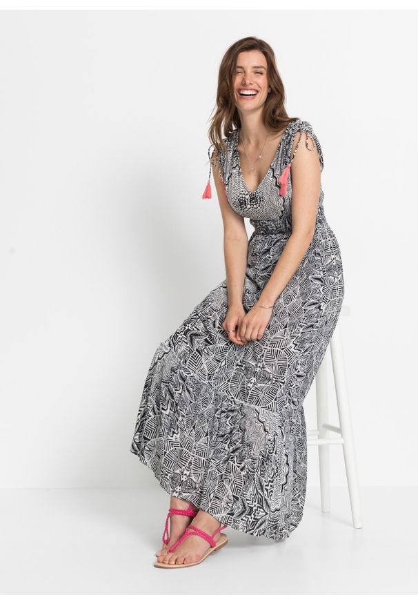 bonprix - Długa sukienka z nadrukiem. Kolor: czarny. Wzór: nadruk. Sezon: lato. Długość: maxi