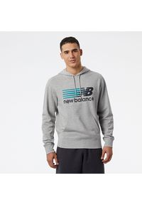 Bluza męska New Balance MT23902AG – szara. Typ kołnierza: kaptur. Kolor: szary. Materiał: dresówka, materiał, bawełna, prążkowany, poliester. Wzór: napisy