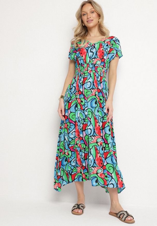 Born2be - Niebieska Bawełniana Sukienka z Abstrakcyjnym Wzorem Emilisse. Okazja: na co dzień. Kolor: niebieski. Materiał: bawełna. Styl: casual, klasyczny