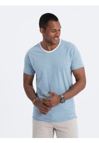 Ombre Clothing - T-shirt męski z surowym wykończeniem – niebieski V4 - Rozmiar: L. Okazja: na co dzień. Kolor: niebieski. Materiał: materiał, bawełna, skóra. Wzór: aplikacja. Styl: casual