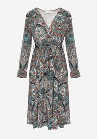 Born2be - Zielona Sukienka z Gumką w Pasie i Wzorem Paisley Faendra. Kolor: zielony. Materiał: materiał. Długość rękawa: długi rękaw. Wzór: paisley. Typ sukienki: kopertowe #5