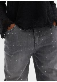 bonprix - Dżinsy wide leg ze sztrasami, średni stan. Kolor: szary. Wzór: aplikacja #2