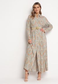 Born2be - Jasnoniebieska Sukienka z Guzikami i Plecionym Paskiem z Klamrą Aralty. Kolor: niebieski. Długość rękawa: długi rękaw. Sezon: wiosna, lato. Typ sukienki: koszulowe #1