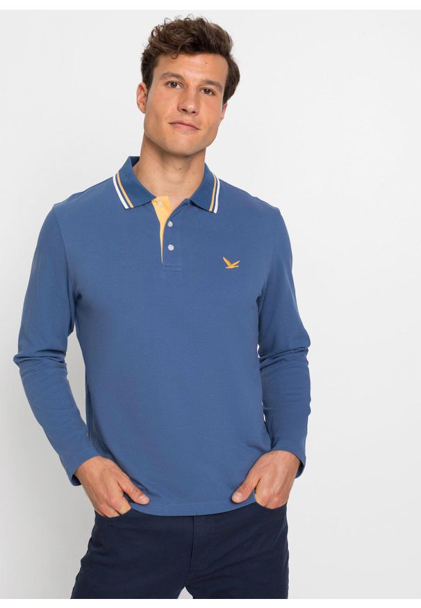 bonprix - Koszulka polo z czystej bawełny organicznej (2 szt.). Typ kołnierza: polo. Kolor: niebieski. Materiał: bawełna. Długość rękawa: długi rękaw. Długość: długie. Wzór: haft