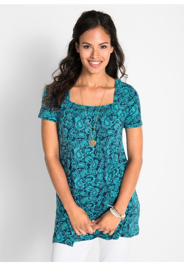 bonprix - Tunika shirtowa, krótki rękaw. Kolor: niebieski. Materiał: wiskoza. Długość rękawa: krótki rękaw. Długość: krótkie