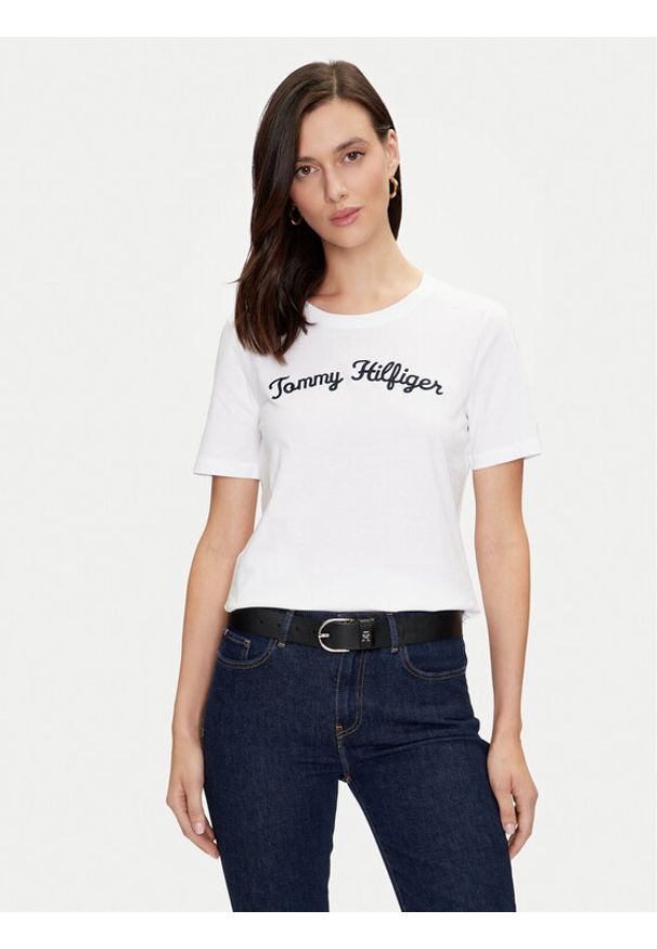 TOMMY HILFIGER - Tommy Hilfiger T-Shirt Script WW0WW42589 Biały Regular Fit. Kolor: biały. Materiał: bawełna