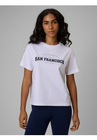 4f - 4F T-shirt boxy z nadrukiem damski - biały XL. Okazja: na co dzień. Kolor: biały. Materiał: jeans, materiał. Wzór: nadruk. Styl: casual #1