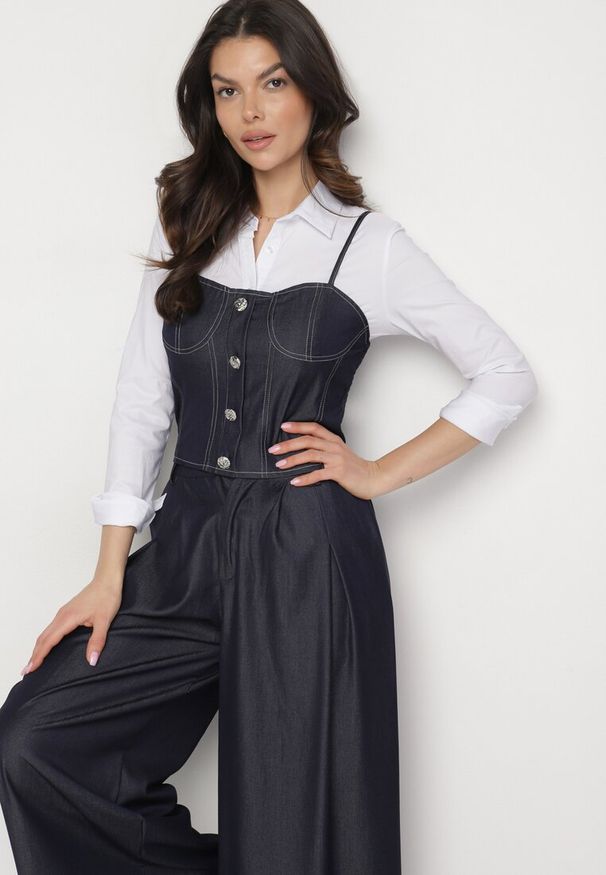 Born2be - Granatowy Komplet z Wiskozy Szerokie Spodnie i Top na Ramiączkach Zidaniel. Kolor: niebieski. Materiał: wiskoza