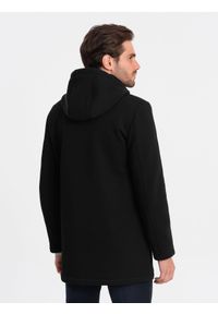 Ombre Clothing - Męski ocieplany płaszcz z kapturem i krytym zamkiem - czarny V1. Typ kołnierza: kaptur. Kolor: czarny. Materiał: tkanina, poliester #6