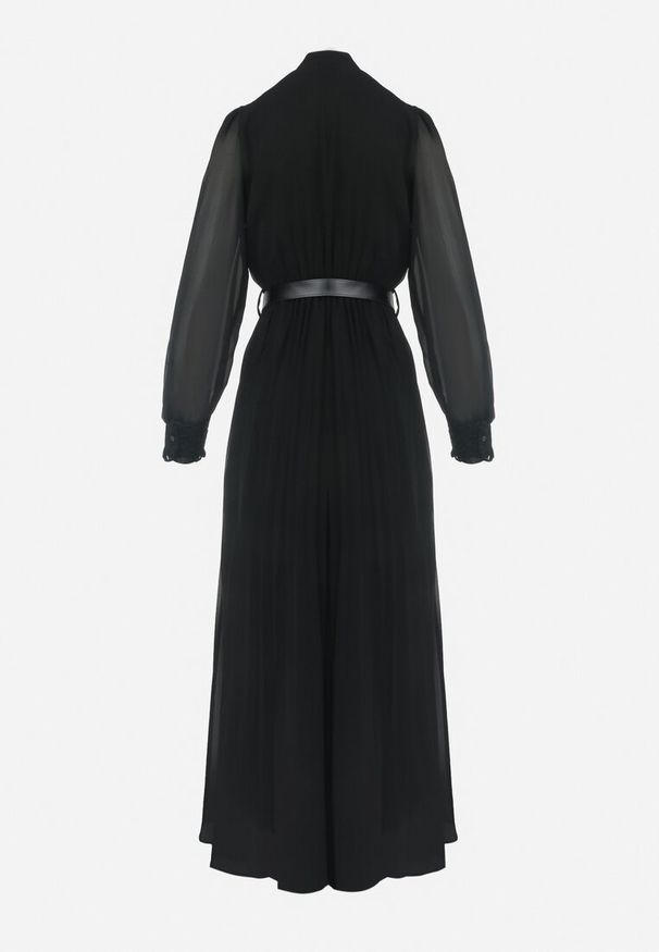 Born2be - Czarna Rozkloszowana Sukienka Maxi z Plisowanym Dołem i Paskiem Brofilla. Okazja: na co dzień. Kolor: czarny. Materiał: poliester, materiał, koronka. Wzór: aplikacja, koronka. Styl: casual, klasyczny. Długość: maxi