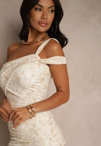 Renee - Beżowa Koktajlowa Sukienka o Asymetrycznym Kroju w Kwiaty Melaniela. Okazja: na imprezę. Kolor: beżowy. Materiał: materiał. Wzór: kwiaty. Typ sukienki: asymetryczne. Styl: wizytowy #3