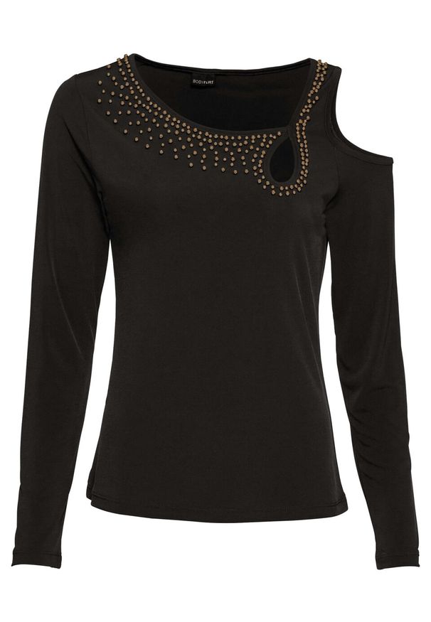 Shirt cold-shoulder z perełkami bonprix czarny. Kolor: czarny. Materiał: materiał, poliester, elastan. Długość rękawa: długi rękaw. Długość: długie