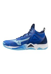 Buty do chodzenia męskie Mizuno Wave Momentum 3 Mid. Zapięcie: sznurówki. Kolor: biały, niebieski, wielokolorowy. Materiał: materiał. Szerokość cholewki: normalna. Model: Mizuno Wave. Sport: turystyka piesza #1