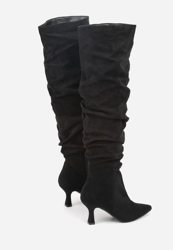 Born2be - Czarne Marszczone Kozaki na Szpilce Wiolessa. Okazja: na co dzień. Kolor: czarny. Materiał: jeans. Obcas: na szpilce. Styl: elegancki, wizytowy, casual