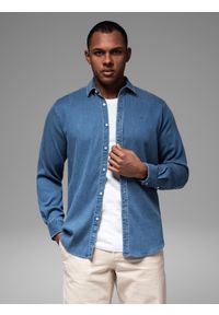 Ombre Clothing - Męska koszula jeansowa z lyocellem oraz haftem na piersi – niebieska V2 - Rozmiar: S. Kolor: niebieski. Materiał: jeans. Wzór: haft