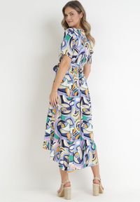 Born2be - Niebieska Kopertowa Sukienka z Gumką w Pasie i Materiałowym Paskiem z Wiskozy Dionienne. Typ kołnierza: dekolt kopertowy. Kolor: niebieski. Materiał: wiskoza, materiał. Długość rękawa: krótki rękaw. Sezon: wiosna, lato. Typ sukienki: kopertowe #5