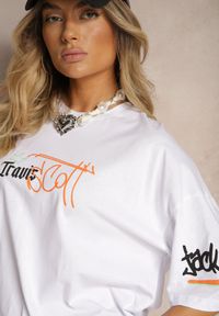 Renee - Biała Koszulka T-shirt Oversize z Nadrukiem z Elastycznej Bawełny Taralise. Kolor: biały. Materiał: bawełna. Wzór: nadruk. Sezon: lato