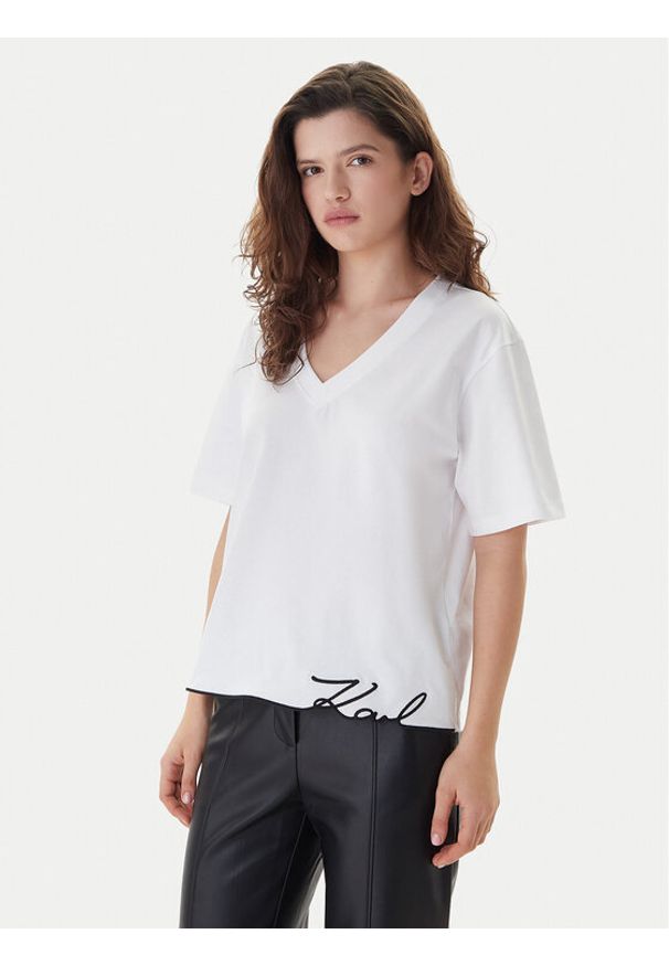 Karl Lagerfeld - KARL LAGERFELD T-Shirt B1W17031 Biały Relaxed Fit. Typ kołnierza: dekolt w karo. Kolor: biały. Materiał: bawełna