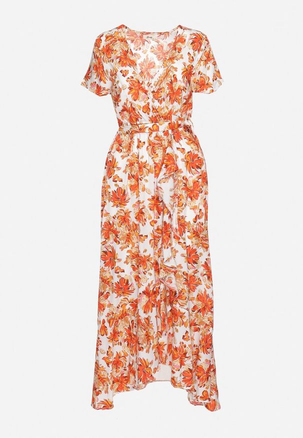 Born2be - Pomarańczowa Wiskozowa Sukienka o Rozkloszowanym Kroju z Gumką w Talii i Materiałowym Paskiem Vikletta. Kolor: pomarańczowy. Materiał: materiał, wiskoza. Długość rękawa: krótki rękaw. Typ sukienki: rozkloszowane. Styl: elegancki