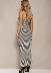 Renee - Czarno-Biała Sukienka Bodycon na Cienkich Ramiączkach z Rozcięciem Qasemia. Okazja: na co dzień. Kolor: czarny. Materiał: jeans. Długość rękawa: na ramiączkach. Typ sukienki: bodycon. Styl: elegancki, casual