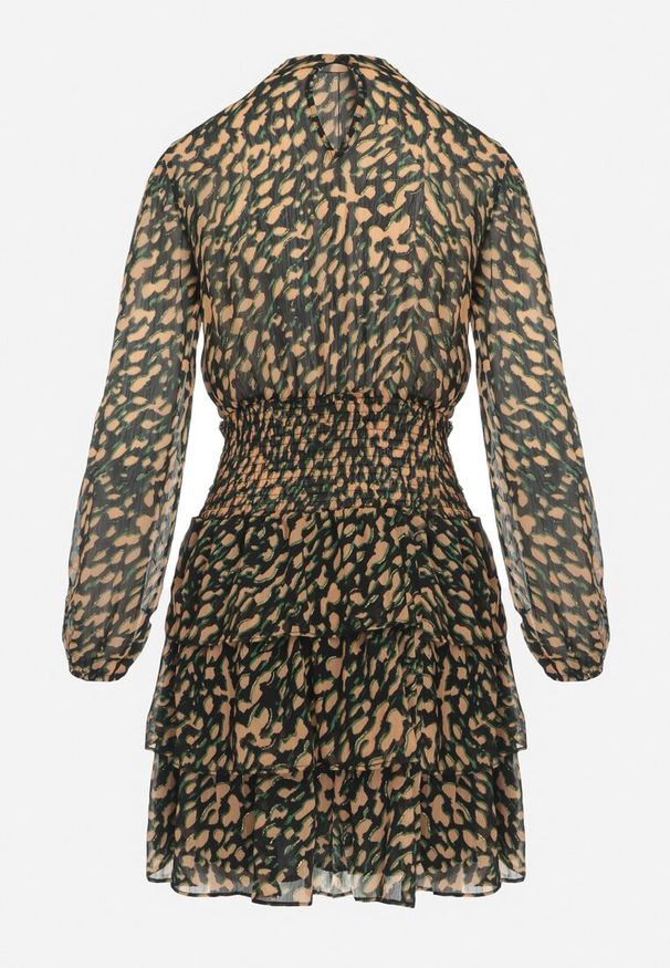 Born2be - Beżowo-Zielona Rozkloszowana Sukienka Mini w Modny Print Ozdobiona Brokatem Ifigentta. Kolor: beżowy. Wzór: nadruk, aplikacja. Długość: mini