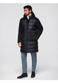 Ombre Clothing - Długa męska pikowana kurtka z dużymi kieszeniami – czarna V1 - Rozmiar: L. Typ kołnierza: kaptur. Kolor: szary. Materiał: syntetyk, tkanina, materiał. Długość: długie. Wzór: gładki #5