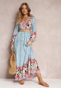 Renee - Niebiesko-Różowa Kopertowa Sukienka Rozkloszowana z Plecionym Paskiem Alymara. Kolor: niebieski. Typ sukienki: kopertowe #1