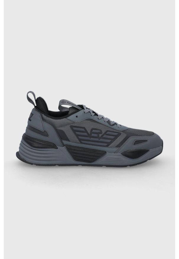 EA7 Emporio Armani Buty kolor szary na płaskiej podeszwie. Nosek buta: okrągły. Zapięcie: sznurówki. Kolor: szary. Materiał: guma. Obcas: na płaskiej podeszwie