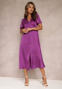 Renee - Fioletowa Taliowana Sukienka Midi z Gumką w Talii w Kropki Glennta. Kolor: fioletowy. Materiał: tkanina. Wzór: kropki. Długość: midi #2