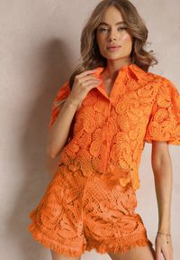 Renee - Pomarańczowa Koszula Koronkowa z Krótkim i Bufiastym Rękawem Elinie. Kolor: pomarańczowy. Materiał: koronka. Długość: krótkie #5