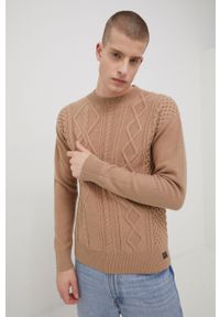 Superdry sweter wełniany męski kolor beżowy. Okazja: na co dzień. Kolor: beżowy. Materiał: wełna. Długość rękawa: długi rękaw. Długość: długie. Wzór: ze splotem. Styl: casual