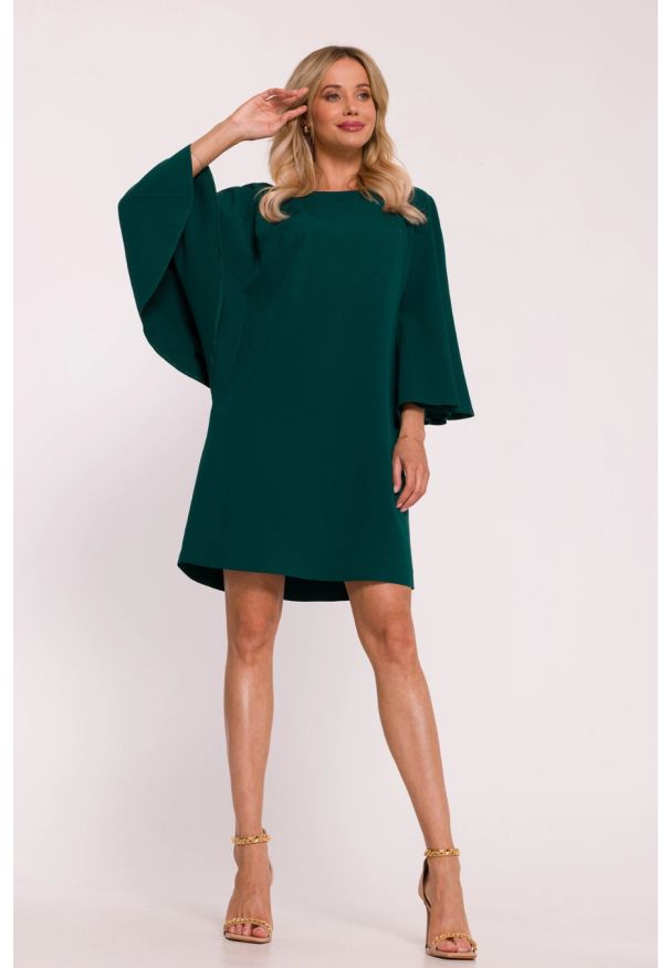 Stylove - Elegancka sukienka trapezowa z bufiastymi rękawami zielona. Kolor: czarny, zielony, beżowy. Typ sukienki: trapezowe. Styl: elegancki