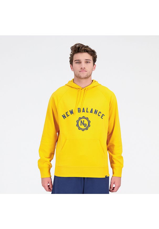 Bluza męska New Balance MT31901VGL – żółta. Typ kołnierza: kaptur. Kolor: żółty. Materiał: bawełna, dresówka, poliester, prążkowany