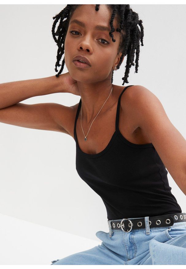 bonprix - Bawełniany top na cienkich ramiączkach (2 szt.). Kolor: biały. Materiał: bawełna. Długość rękawa: na ramiączkach. Wzór: prążki. Styl: klasyczny