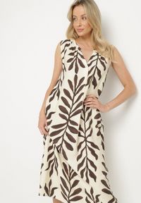 Born2be - Beżowa Sukienka z Wiskozą Pudełkowa w Malowany Wzór Hiliona. Kolor: beżowy. Materiał: wiskoza #7