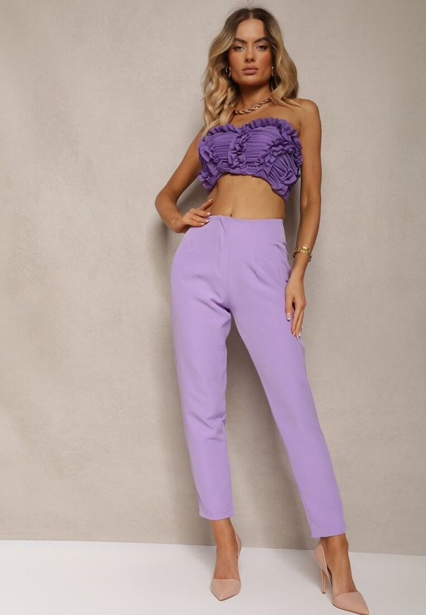 Renee - Fioletowe Spodnie Garniturowe High Waist z Paskiem Wenus. Okazja: na spotkanie biznesowe, na co dzień. Stan: podwyższony. Kolor: fioletowy. Materiał: tkanina, materiał. Wzór: jednolity, gładki. Styl: casual, biznesowy