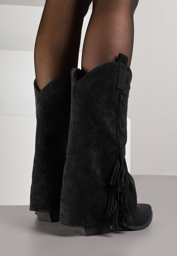 Renee - Czarne Botki Kowbojki na Stożku Ozdobione Frędzlami Reielle. Kolor: czarny. Materiał: jeans. Wzór: aplikacja. Obcas: na stożku. Styl: klasyczny. Wysokość obcasa: średni