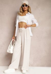 Renee - Jasnobeżowe Spodnie High Waist ze Sznurkiem w Talii i Prostą Nogawką Raveann. Okazja: na co dzień. Stan: podwyższony. Kolor: beżowy. Styl: casual #3