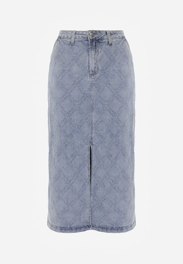 Renee - Niebieska Jeansowa Spódnica z Bawełny Zdobiona Printem w Romby i Rozcięciem Chrissna. Kolor: niebieski. Materiał: bawełna, jeans. Wzór: nadruk, aplikacja. Styl: elegancki