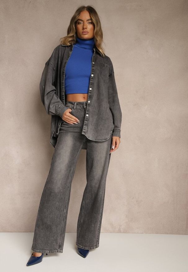 Renee - Szare Jeansy High Waist o Szerokim Kroju Tessine. Stan: podwyższony. Kolor: szary. Styl: sportowy