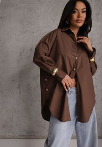 Renee - Brązowa Oversizowa Koszula z Bawełny z Eleganckimi Guzikami Rhenenore. Kolor: brązowy. Materiał: bawełna. Długość: krótkie. Styl: elegancki #5