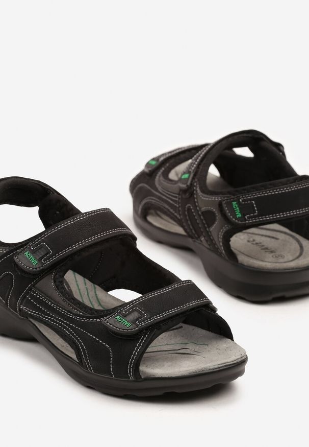 Born2be - Czarno-Zielone Sandały ze Skórzaną Wkładką i Przeszyciami Atelitia. Okazja: na co dzień. Zapięcie: rzepy. Kolor: czarny. Materiał: skóra. Styl: klasyczny, elegancki, casual