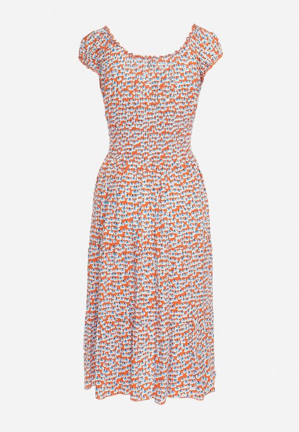 Born2be - Pomarańczowo-Niebieska Wiskozowa Sukienka Midi Rozkloszowana z Metalowymi Guzikami Exodia. Kolor: pomarańczowy. Materiał: wiskoza. Styl: klasyczny, elegancki. Długość: midi